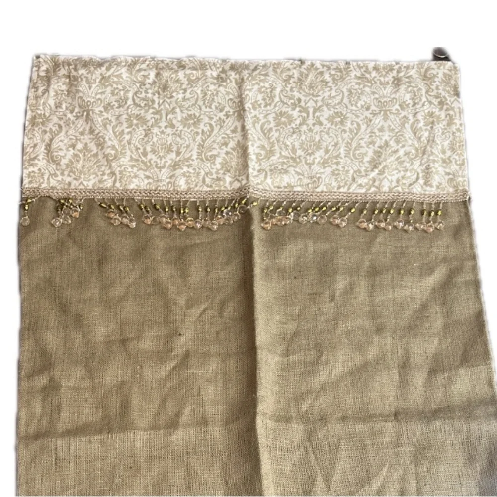 Set of 2 Handmade Embellished Burlap Curtain Panels Patterned Fabric w/ Beads